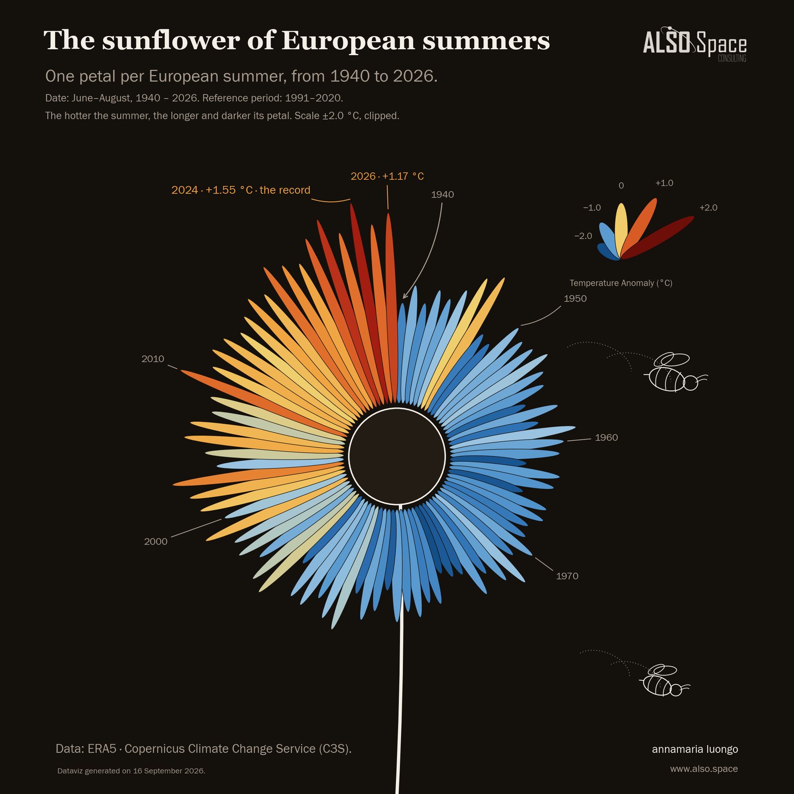 The sunflower of European summers: one petal for each summer from 1940 to 2026, longer and darker when the summer was warmer than the 1991–2020 average